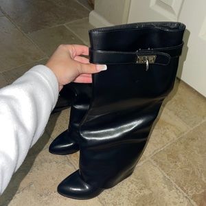 Black High Wedge Heel Fold Over Boots